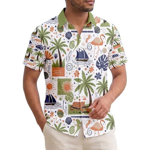 Leopard Flamingo Palm Tree Sailing Boat Vintage Stamps - Travel Essentials Hawaiian Shirt