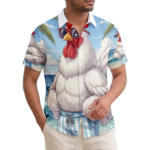 Rooster in Sunglasses Swim Shorts Beach Ocean Waves - Tropical Lifestyle Gift Hawaiian Shirt
