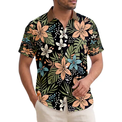 Tropical Floral Clusters Peach Orange Cream Flowers Olive Green Leaves - Island Vacation Gift Hawaiian Shirt