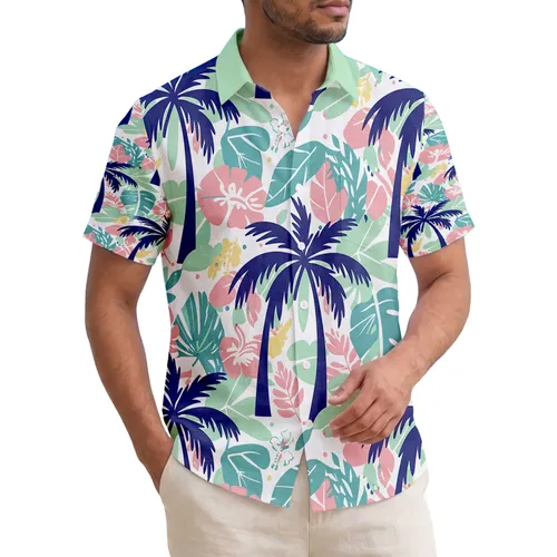 Dark Blue Palm Trees Mint Green Pink Teal Tropical Leaves - Island Getaway Gift Hawaiian Shirt