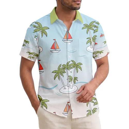 Palm Tree Islets Sailboats Ocean Waves Horizon - Travel Essentials Gift Hawaiian Shirt