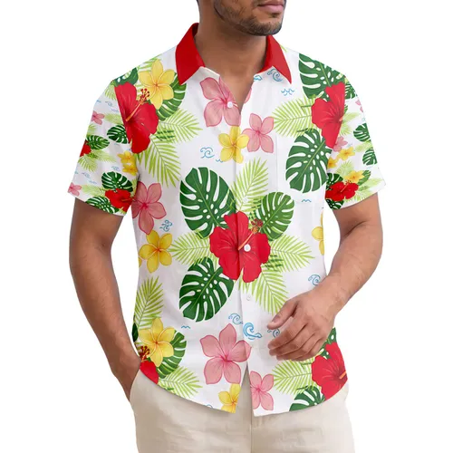 Large Red Hibiscus Pink Plumeria Monstera Palm Leaf Beach Vacation Essentials Hawaiian Shirt