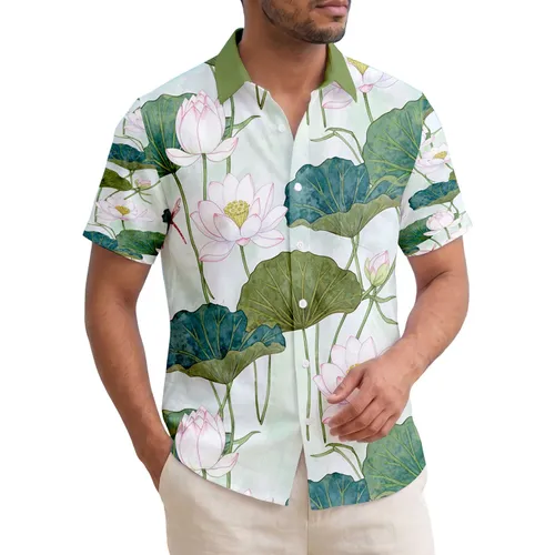 White Pink Lotus Flowers Dragonfly - Tropical Lifestyle Botanical Lover Gift Hawaiian Shirt