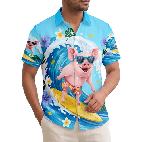 Pig with Sunglasses Surfing Ocean Wave - Tropical Holiday Beach Lover Gift Hawaiian Shirt