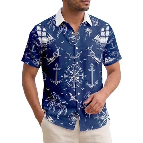 Sailing Ship Compass Rose Octopus Marlin Palm Hibiscus - Ocean Lover Travel Gift Hawaiian Shirt