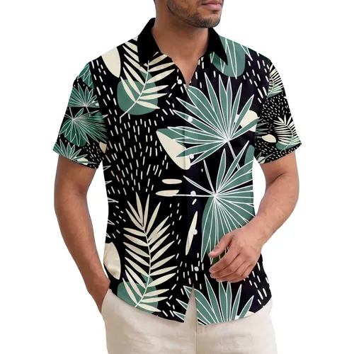 Large Medium Tropical Leaves Fan Shapes Elongated Fronds - Everyday Lifestyle Gift Hawaiian Shirt