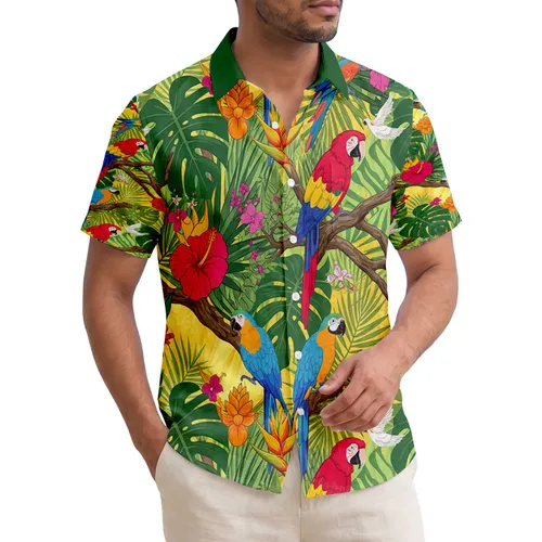 Scarlet Macaw Colorful Parrot Jungle Monstera Palm Flowers - Home Decor Gift for Bird Lover Hawaiian Shirt