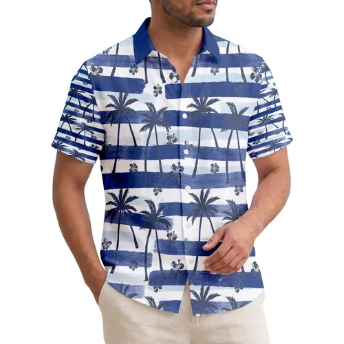 Tropical Palm Tree Silhouettes Distressed Blue Stripes - Island Travel Essentials Gift Hawaiian Shirt