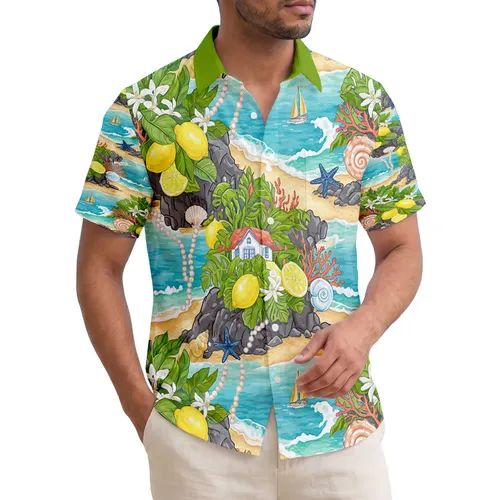 Ocean Beach Cliff Coastal Buildings Lemons Starfish Seashells - Coastal Home Decor Gift Hawaiian Shirt