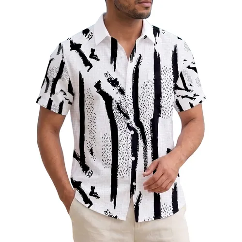 Raw Black Brushstrokes Tropical Foliage Island Topography - Beach Vacation Gift Hawaiian Shirt
