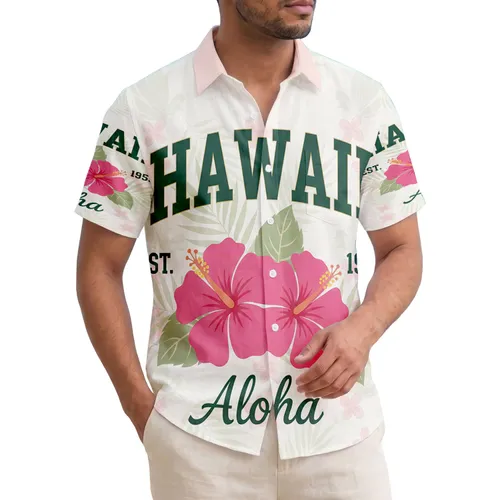 Hawaii EST 1959 Golden Star Aloha Hibiscus Palm Flowers - Island Lifestyle Gift Hawaiian Shirt
