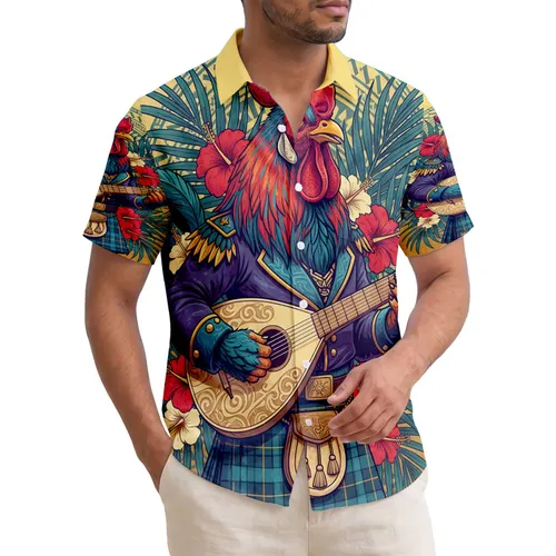 Rooster Lute Player Tropical Hibiscus Palm - Island Lifestyle Gift Hawaiian Shirt