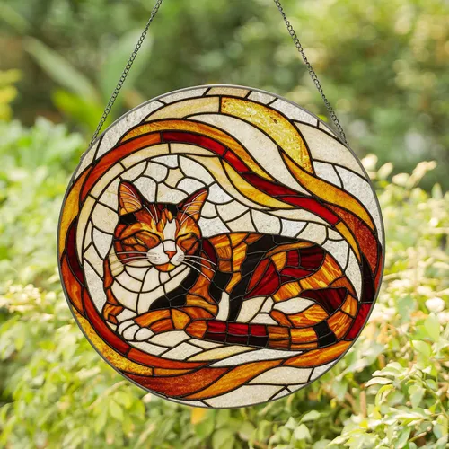 Relaxed Calico Cat Stained Glass - Luminous Home Decor Gift for Cat Lover Stained Glass Suncatcher