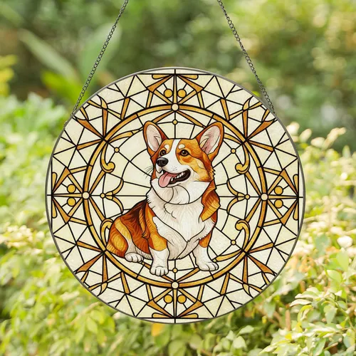 Corgi Stained Glass Ornate Scrollwork Diamond Mosaic - Home Decor Gift for Dog Lovers Stained Glass Suncatcher