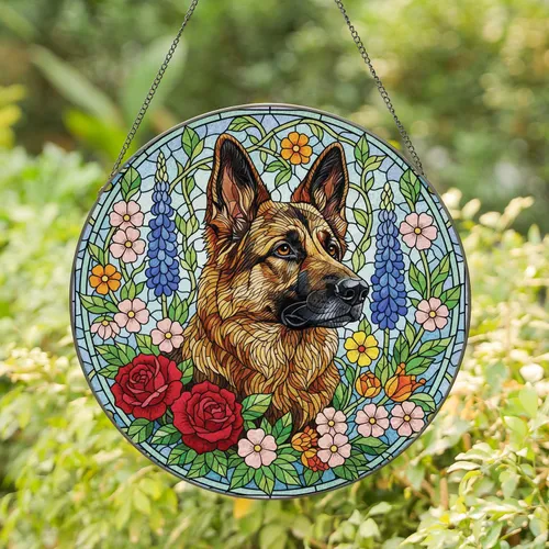 German Shepherd Rose Floral Intertwining Vines Stained Glass - Dog Lover Window Decor Gift Stained Glass Suncatcher