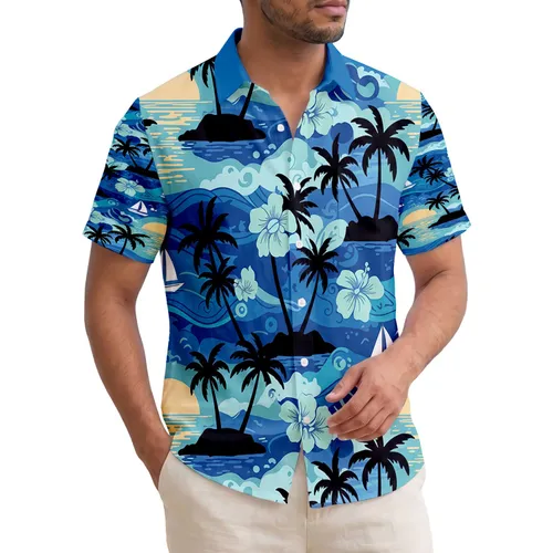 Black Palm Trees Sailboats Sun Tropical Flowers - Island Getaway Vacation Gift Hawaiian Shirt