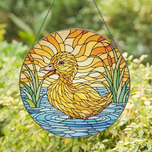Baby Duckling Open Beak Purple Eye Pond Reeds Marsh Water Sky Wildlife Lover Gift Stained Glass Suncatcher
