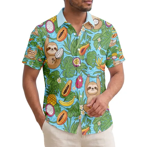 Cheerful Sloths Tropical Fruits Palm Fronds - Wildlife Lover Home Decor Gift Hawaiian Shirt