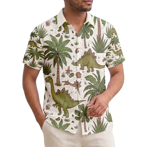 Tyrannosaurus Triceratops Stegosaurus Pterodactyls Tropical Palm Leaves - Dinosaur Fan Gift Hawaiian Shirt
