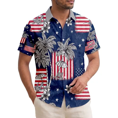 Distressed American Flag Palm Tree Beach Chair Scene Summer Vacation Travel Essentials Hawaiian Shirt