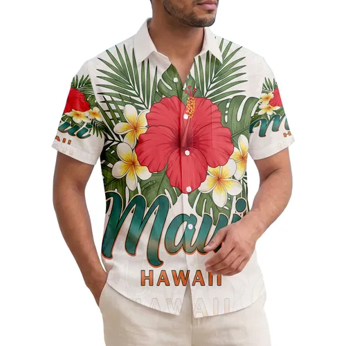 Red Hibiscus Plumeria Maui Hawaii Tropical Leaves - Island Vacation Travel Gift Hawaiian Shirt