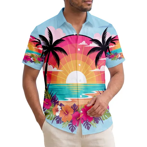 Tropical Beach Sunset Palm Trees Hibiscus - Home Decor Gift Hawaiian Shirt