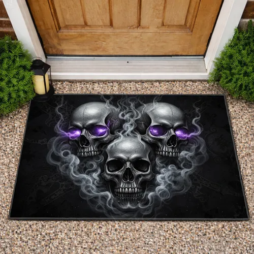 Realistic Three Human Skulls Purple Light Gothic Home Decor Gift Doormat