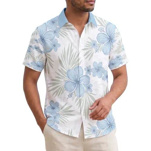 Light Blue Plumeria Hibiscus Tropical Flowers Elongated Leaves - Island Life Home Decor Gift Hawaiian Shirt