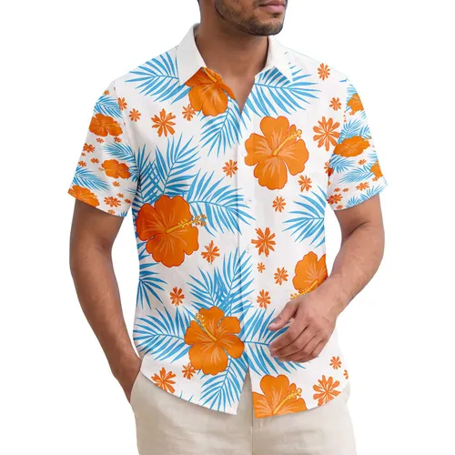 Orange Hibiscus Blue Palm Frond Tropical Flowers - Tropical Lifestyle Gift Hawaiian Shirt