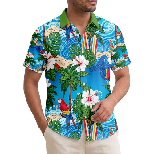 Macaw Palm Tree Surfboard Hibiscus Monstera Beach Ocean Waves - Tropical Vacation Home Decor Gift Hawaiian Shirt