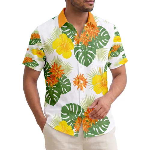 Tropical Hibiscus Monstera Palm Fronds Orange Blossoms - Home Decor Gift Everyday Hawaiian Shirt