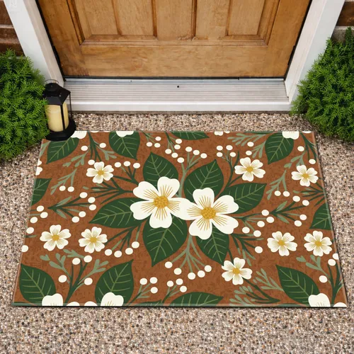 White Five Petal Flowers Green Leaves Berry Buds Home Decor Gift Doormat