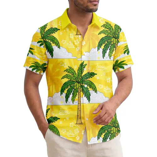 Lush Palm Trees Fluffy Clouds Sunny Yellow Sky - Tropical Island Getaway Gift Hawaiian Shirt