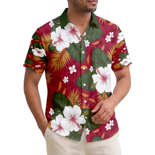 White Hibiscus Red Center Tropical Floral Green Leaves Palm Fronds Home Decor Gift Hawaiian Shirt