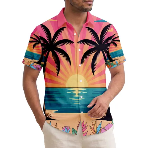 Black Silhouette Palm Trees Sunset Ocean Beach Tropical Flowers Travel Gift Hawaiian Shirt