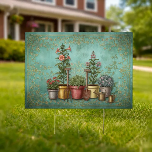 Rustic Garden Tools Potted Plants Trailing Vines Weathered Wall - Gardening Lover Home Decor Yard Sign