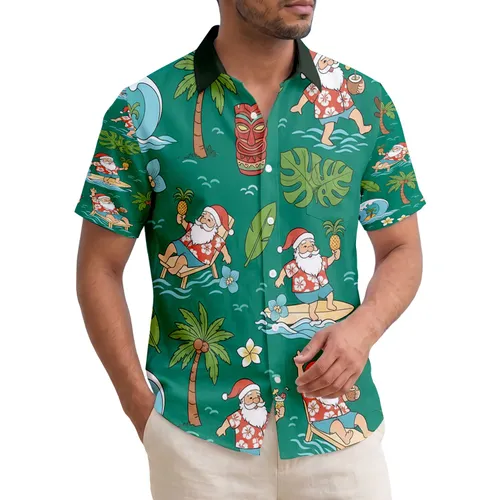 Santa Claus Reindeer Tropical Beach Holiday Scene Christmas Gift for Family Hawaiian Shirt