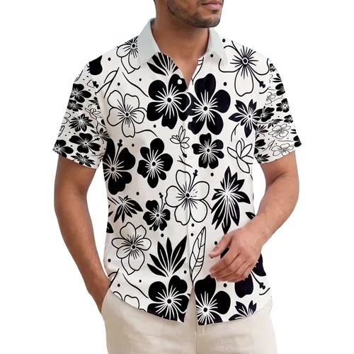 Starburst Tropical Flowers Outline Leaves Intertwining Black Lines Home Decor Gift Hawaiian Shirt