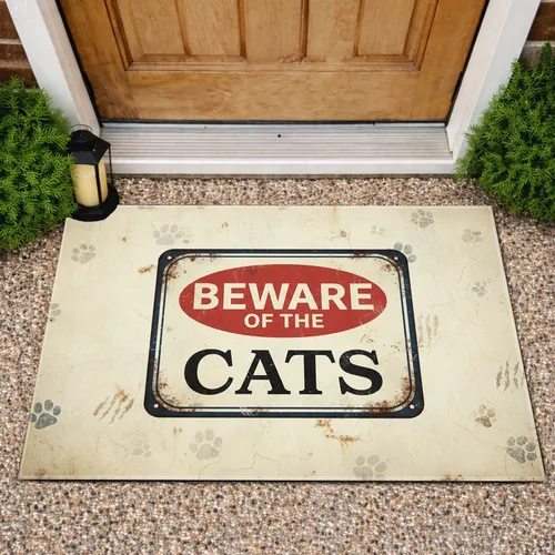 Beware Pet Cats Warning Sign - Home Entryway Welcome Decor Gift for Cat Lovers Doormat