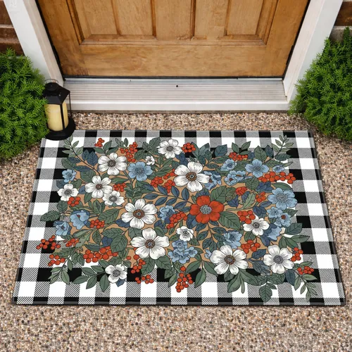 Rustic Botanical Flowers Berries Black White Buffalo Check - Farmhouse Home Decor Gift Doormat