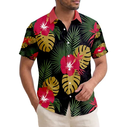 Vibrant Red Hibiscus Fan Palm Monstera Deliciosa Foliage - Summer Essentials Gifts Hawaiian Shirt