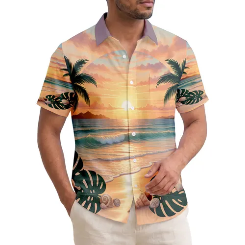 Tropical Sunset Beach Palms Verdant Islands Monstera Leaves Seashells - Beach Life Gift Hawaiian Shirt
