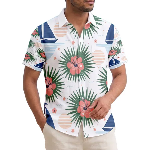 Sailboats Palm Tree Hibiscus Flowers Sun Shapes Stripes - Tropical Beach Vacation Gift Hawaiian Shirt