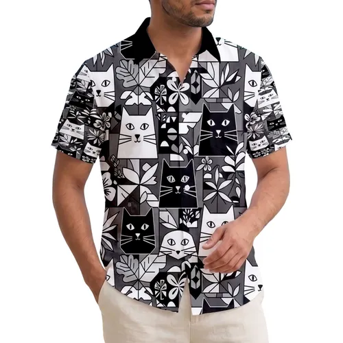 Black White Grey Geometric Cats Tropical Hibiscus Palm Wave - Cat Lover Gift Hawaiian Shirt
