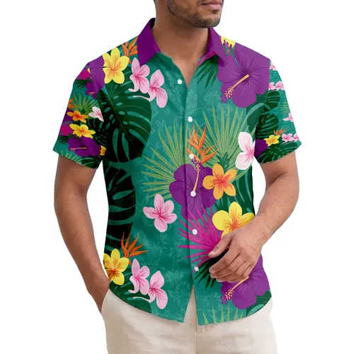 Purple Hibiscus Tropical Blossoms Dark Green Leaves Magenta Palm Fronds - Home Decor Gift Hawaiian Shirt