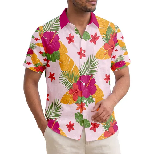 Magenta Hibiscus Golden Banana Leaves Palm Fronds Tropical Flowers - Travel Essentials Hawaiian Shirt
