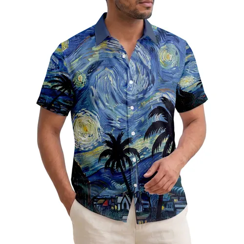 Nocturnal Starry Night Sky Crescent Moon Palm Cypress Silhouettes - Tropical Lifestyle Gift Hawaiian Shirt