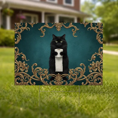 Black Cat Toilet Paper Roll Baroque Rococo Gold Scroll Home Decor Gift Yard Sign