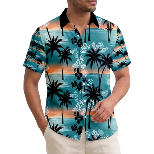 Silhouetted Palm Trees Lush Fronds Tropical Ocean Reflective Water - Island Vacation Travel Gift Hawaiian Shirt