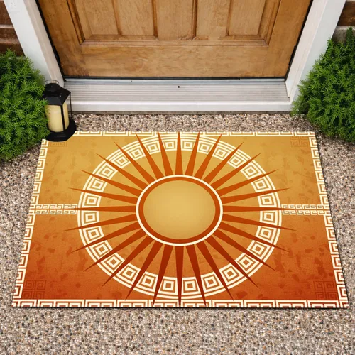 Golden Tan Sunburst Burnt Orange Deep Sienna Greek Key Meander Border Home Decor Gift Doormat